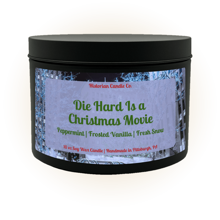 Die Hard Is a Christmas Movie candle, inspired by Die Hard